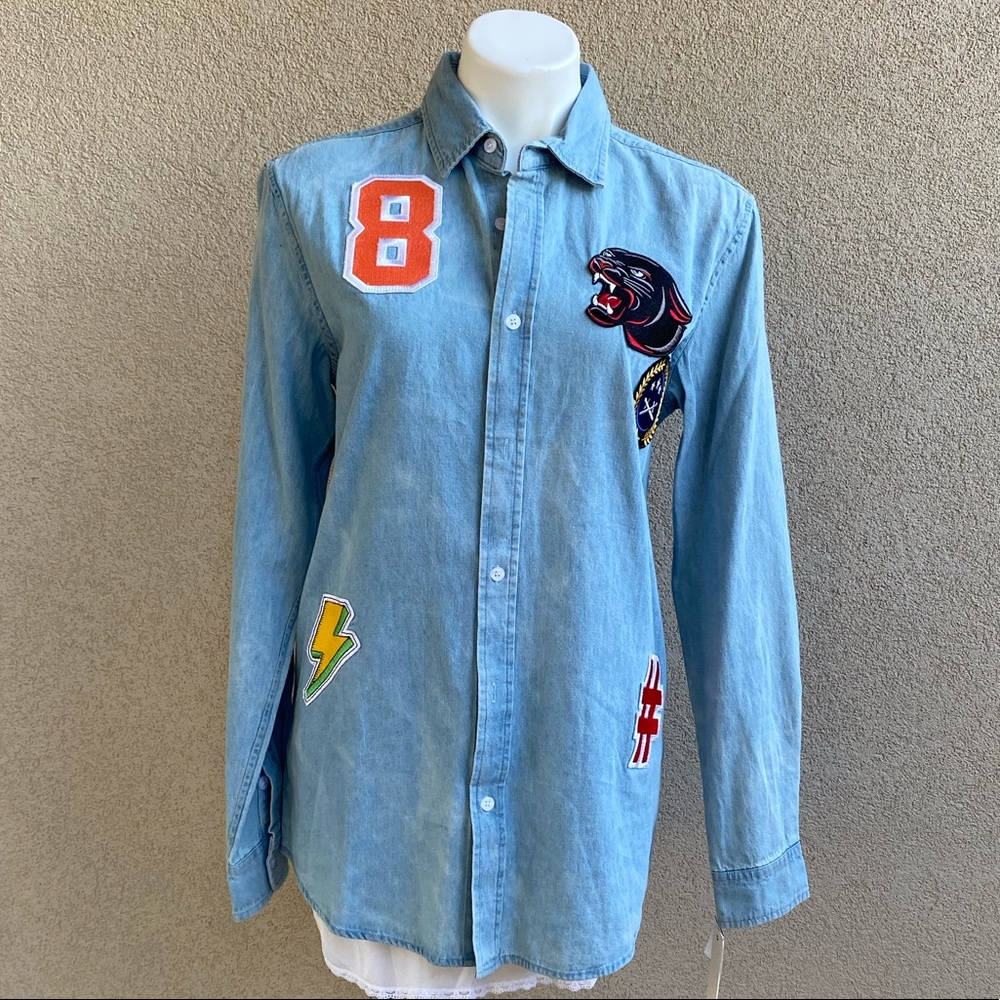 Boyfriend Chambray Button Down Patch Denim Shirt - Picture 5 of 9